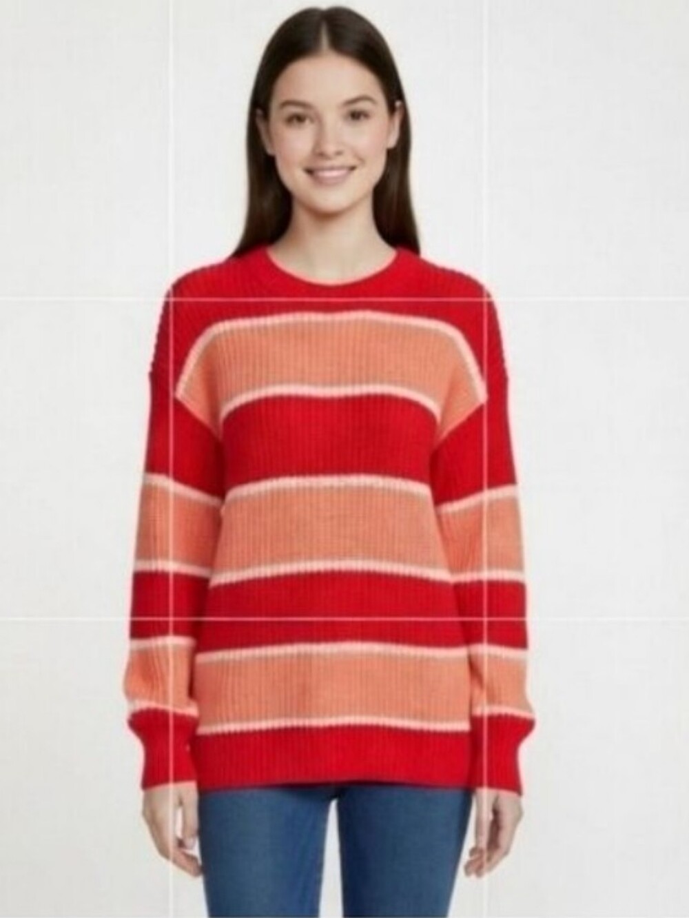 Wythe NY Wide Striped Orange Coral Crew Neck Chunky Cozy Sweater Sz Medium